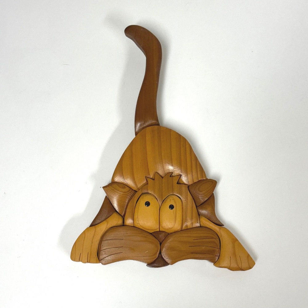 Vintage Intarsia Wood Cat Wall Hanging Handcrafted Feline Art Door topper